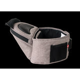 MiaMily Hipster Ergonomic Baby Carrier in light gray fabric with black trim, open hip seat, and mesh pocket.