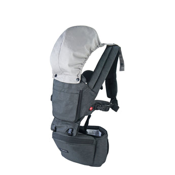MiaMily Hipster Ergonomic Baby Carrier in dark gray with a light gray sun hood, featuring an innovative hip seat.