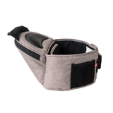 MiaMily Hipster ergonomic baby carrier in light gray fabric with black trim, hip seat, and mesh pocket.