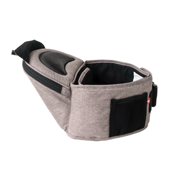 MiaMily Hipster ergonomic baby carrier in light gray fabric with black trim, hip seat, and mesh pocket.