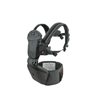 MiaMily Hipster Ergonomic Baby Carrier in dark gray fabric, featuring a detachable hip seat and padded shoulder straps.