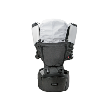 MiaMily Hipster Ergonomic Baby Carrier in dark gray fabric with white accents and a detachable hood.