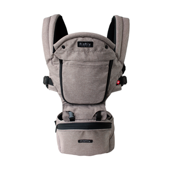 MiaMily Hipster ergonomic baby carrier in light brown fabric with black trim and hip seat.