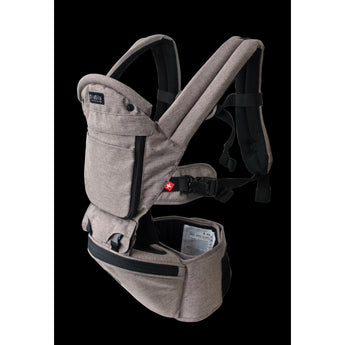 MiaMily Hipster Ergonomic Baby Carrier in beige, showing padded straps, hip seat, and front pocket.