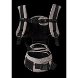 MiaMily Hipster ergonomic baby carrier in light gray fabric with black straps, buckles, and mesh back panel.