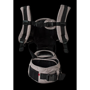 MiaMily Hipster ergonomic baby carrier in light gray fabric with black straps, buckles, and mesh back panel.