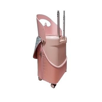 MiaMily pink carry-on luggage with a clear protective cover, showing the handle extended.
