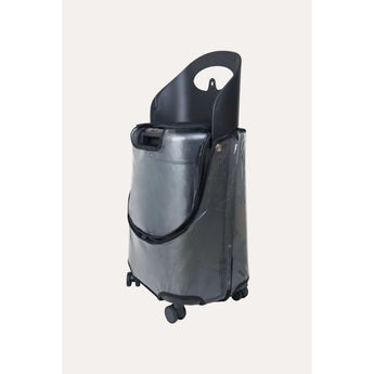 Clear MiaMily protective luggage cover on a black carry-on suitcase with wheels.