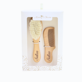 Mommy's Charms personalized natural baby wooden hair brush and comb set, "Sultan" engraved.