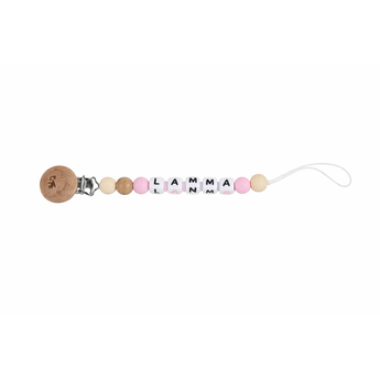 Personalized pacifier clip with "LAMMA" in pink and white letter beads, natural wood clip, and silicone beads.