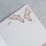 Open pink suede baby milestone album page with "التاريخ" and baby feet illustration.