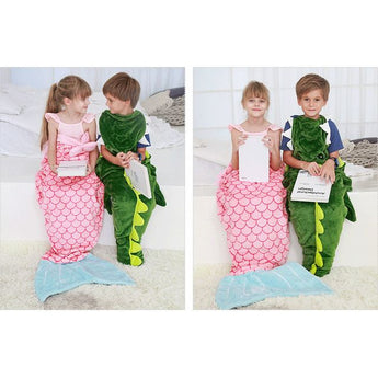Kids in pink mermaid and green crocodile fun shaped sleeping sacks.