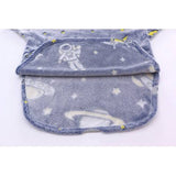 Soft blue fleece kids sleeping sack with white astronaut and yellow rocket space designs.