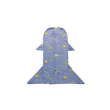 Blue rocket-shaped kids sleeping sack with yellow space, astronaut, and UFO patterns.