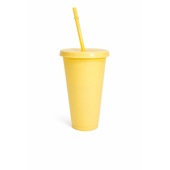 Yellow 24oz BPA-free PP plastic tumbler with lid and straw.