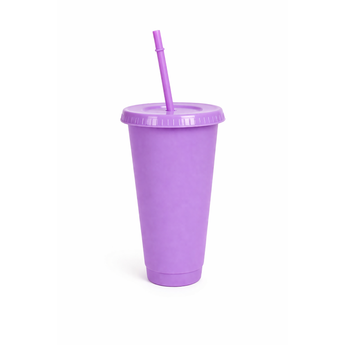 My Little Thieves 24oz purple plastic tumbler with lid and straw.