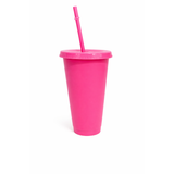 Bright pink 24oz PP plastic tumbler with matching lid and reusable straw, isolated on white.