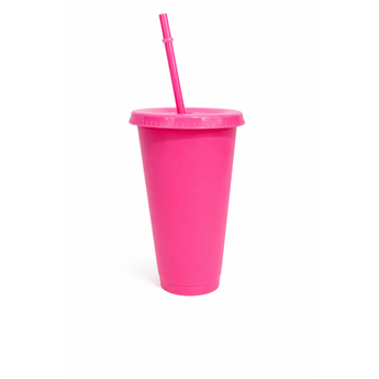 Bright pink 24oz PP plastic tumbler with matching lid and reusable straw, isolated on white.