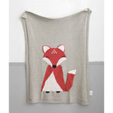 Cozy personalized grey knit blanket with a red and white fox design for kids.