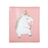 Pink personalized blanket with a cute white unicorn holding an ice cream cone, featuring a striped mane and horn.