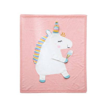 Pink personalized blanket with a cute white unicorn holding an ice cream cone, featuring a striped mane and horn.
