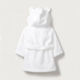 White organic cotton baby hooded bathrobe with bear ears and a tie belt, 12-18 months.