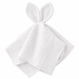 White cotton muslin baby comforter with bunny ears.