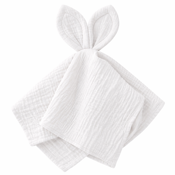 White cotton muslin baby comforter with bunny ears.