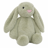 Soft, plush light green bunny toy with long ears, black eyes, and a pink nose, sitting.