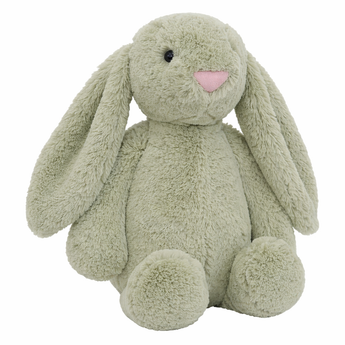 Soft, plush light green bunny toy with long ears, black eyes, and a pink nose, sitting.