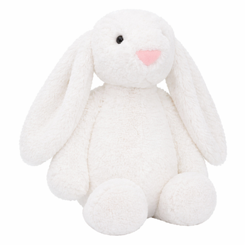 Soft white plush bunny toy with long floppy ears, pink nose, and black eyes.