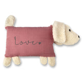 Pink muslin and cream sherpa dog pillow with "love" embroidery.