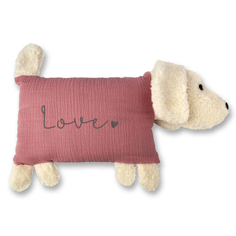 Pink muslin and cream sherpa dog pillow with "love" embroidery.