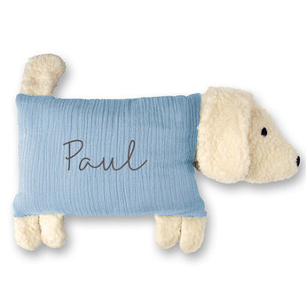 Personalized My Little Thieves cuddly dog pillow with "Paul" embroidered on a blue muslin body and cream sherpa head/legs.