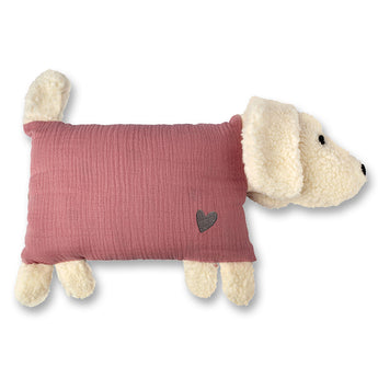 Pink muslin and sherpa dog pillow with a grey heart, perfect for cuddles.