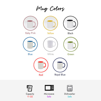 Eight 11 oz personalized kids mugs in various colors: baby pink, yellow, black, blue, white, green, red, and royal blue.