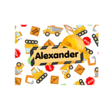 Personalized 60-piece kids puzzle with a construction theme, featuring a yellow hard hat and "Alexander" name.