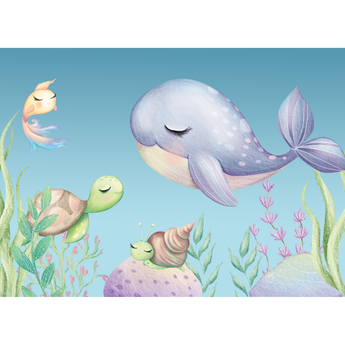 Personalized kids puzzle with cute whale, turtle, fish, and snail in an underwater scene.