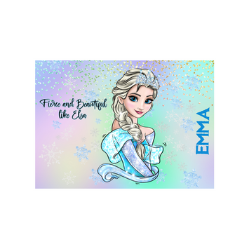 Personalized 60-piece kids puzzle featuring Elsa on a pastel glitter background with "Fierce and Beautiful like Elsa" and "EMMA".
