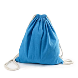 Blue recycled cotton drawstring bag with natural rope straps, gathered at the top.