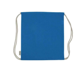 Blue recycled cotton drawstring bag with natural cord straps and a small fabric tag.