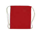 Red recycled cotton drawstring bag with natural cord straps and a "Recycled Cotton" tag.