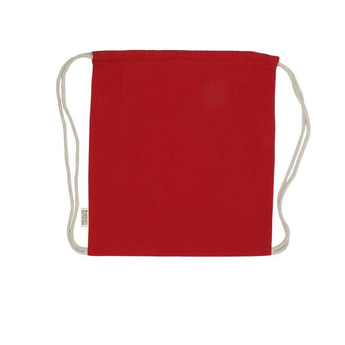 Red recycled cotton drawstring bag with natural cord straps and a "Recycled Cotton" tag.