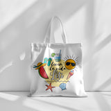 White cotton tote bag with colorful "Livin' la Vida Leti" summer design, featuring a sun, watermelon, and drink.