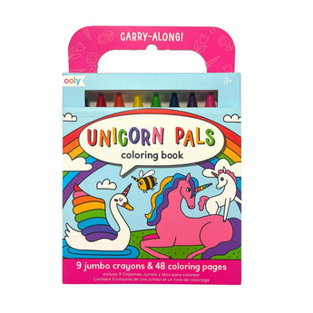 Ooly Unicorn Pals Carry-Along Crayons & Coloring Book Kit with 9 jumbo crayons and 48 pages.