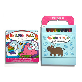 Ooly Unicorn Pals coloring book and jumbo crayons kit in a blue carry-along box.