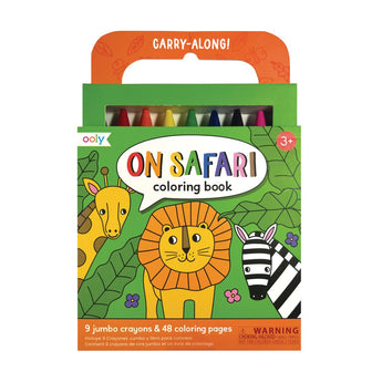Ooly Carry Along "On Safari" coloring book kit with 9 jumbo crayons, featuring a lion, giraffe, and zebra.