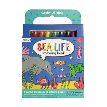 Ooly Carry Along Sea Life coloring book kit with 9 jumbo crayons and 48 pages, featuring a dolphin, turtle, and fish.
