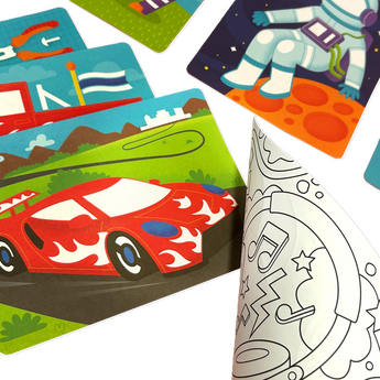 Ooly Foil Tastic 36-piece set with colorful foil art cards featuring a red race car, astronaut, and a coloring page.