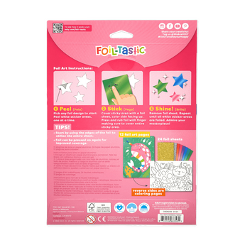 Ooly Foil Tastic 36-piece art kit box with foil art instructions, colorful examples, and whimsical unicorn designs.